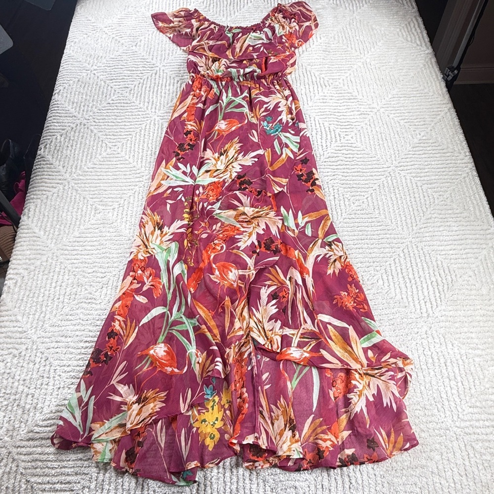 Express Maxi Dress Women S Burgundy Floral Ruffle Resort Flamingo Tropical Party